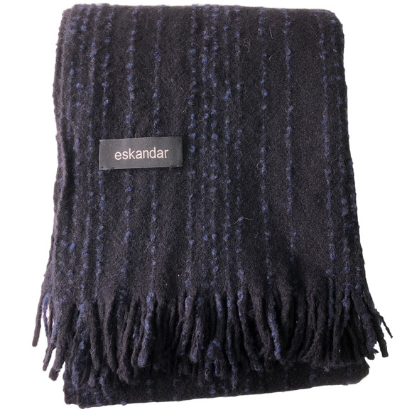 Eskandar Black Blue Slub Stripe Lambswool Fringe Scarf 82 in Long 15